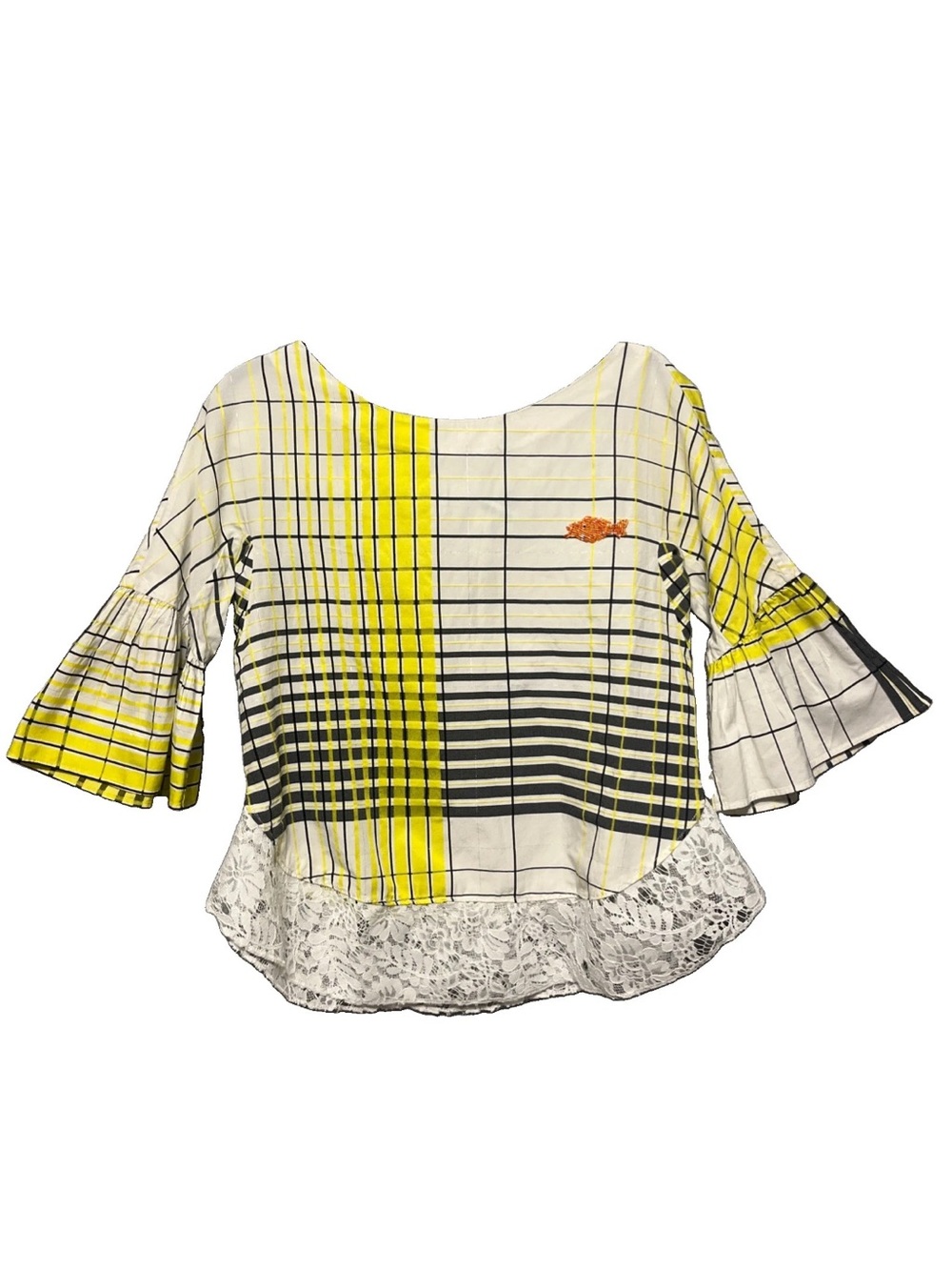 Tsumori Chisato Resort 2014 Womens Top 2 M yellow black plaid Lace Beaded Fish